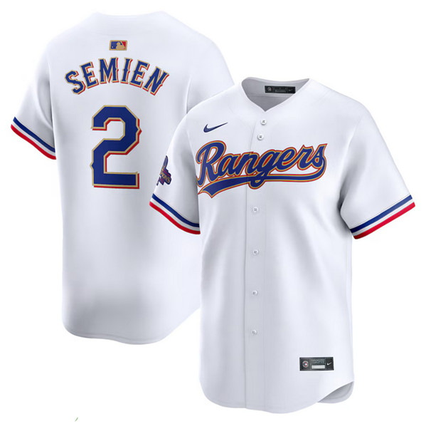 Men's Texas Rangers #2 Marcus Semien White 2024 Gold Collection Cool Base Stitched Baseball Jersey Men's Texas Rangers #2 Marcus Semien White 2024 Gold Collection Cool Base Stitched Baseball Jersey